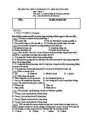 Đề kiểm tra chất lượng học kỳ 1 môn Vật lý Lớp 7 - Năm học 2019-2020 (Có đáp án)